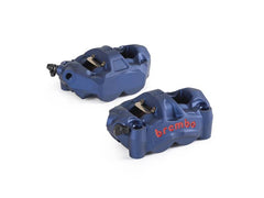 Brembo Caliper, Left, P4 30mm, M50, Cast Monobloc, 100mm Radial Mount, Blue w/ Red Lettering