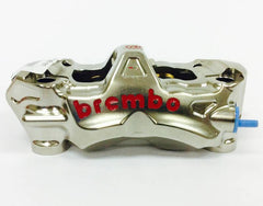 Brembo Caliper, Left, P4 30/34mm, EVO Low Drag, without Pads 07B366E3/E4, Billet Monobloc, 108mm Radial Mount, for use w/ Narrow Band Disc, Front, Nickel