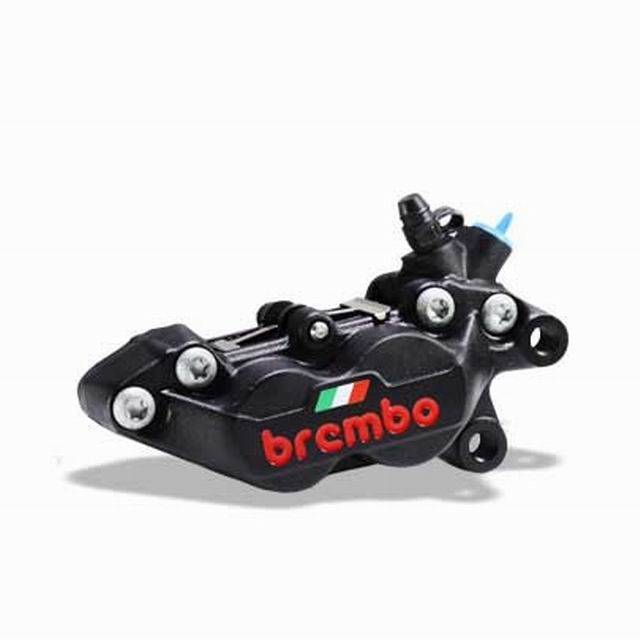 Brembo Caliper, Left, P4 30/34mm C, w/ Organic Pads Shape D, Cast 2-Piece, 40mm Axial Mount, Front, Black Anodizing w/ Painted Red Logo, Italian Flag