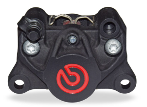Brembo - Brembo Caliper, P2 34G, 7.4mm Organic, Left Side Bleeder, Cast 2-Piece, 84mm Axial Mount, Rear, Black w/ Painted Red Logo